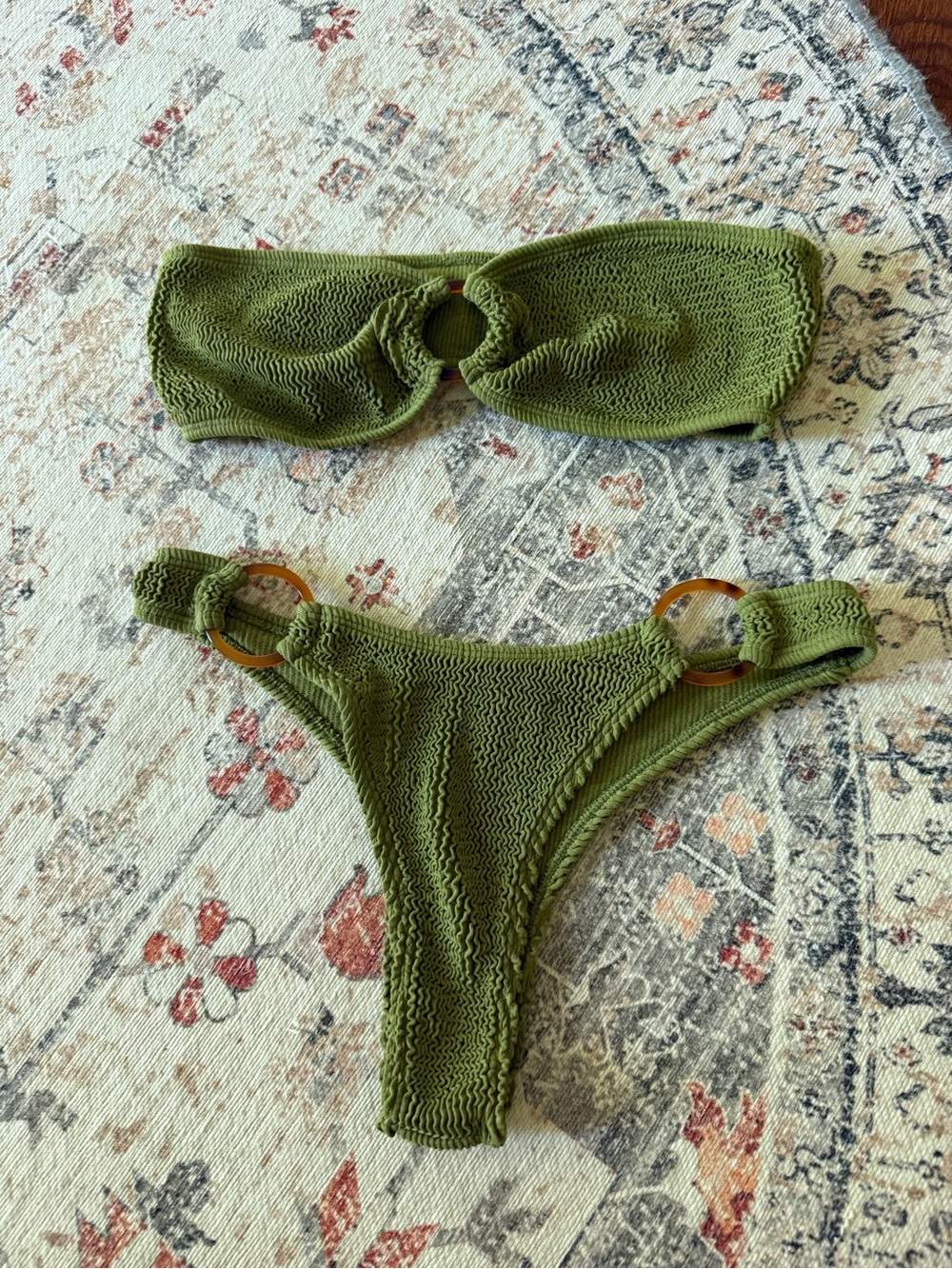 Olive Green Ring-Detail Bandeau Bikini Set